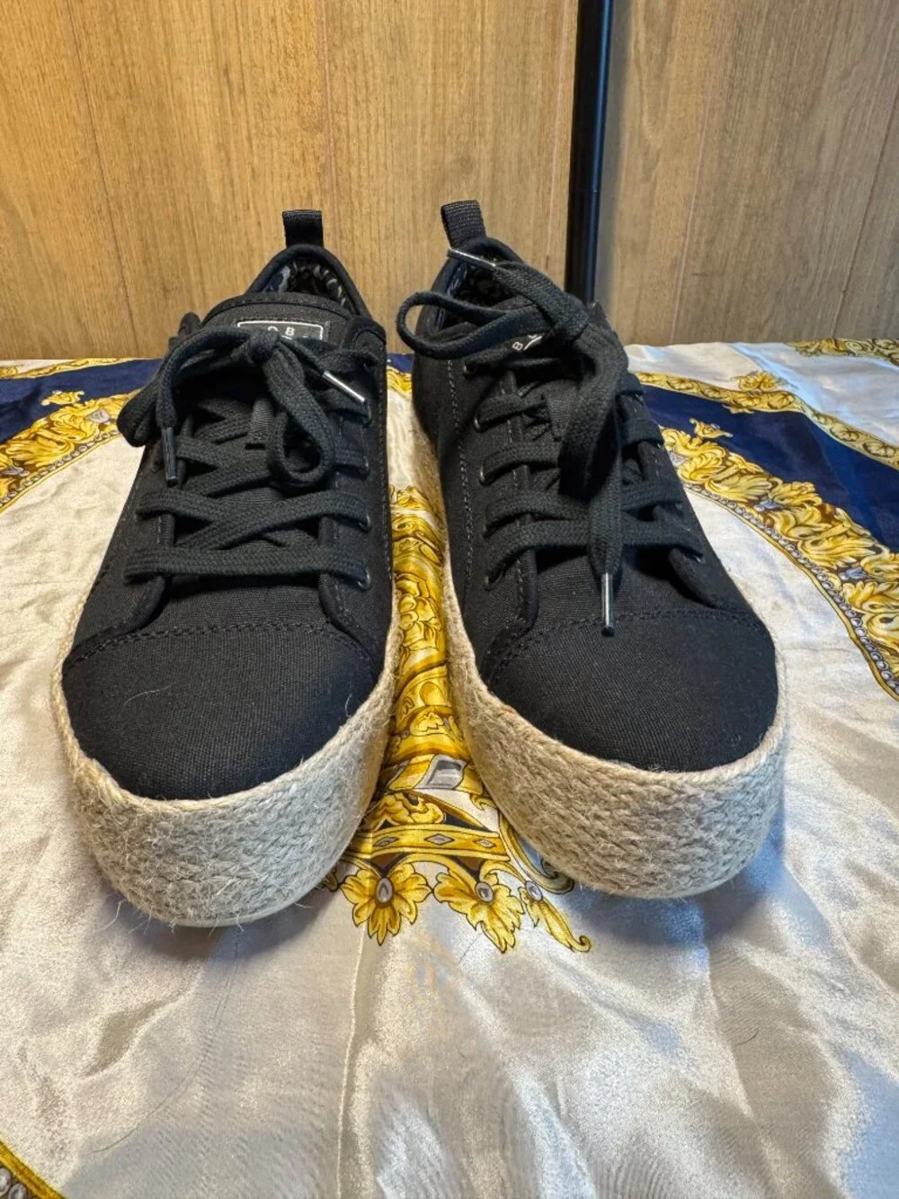 BOBS from Skechers Black Canvas Jute Platform Espadrille Sneakers Size 8